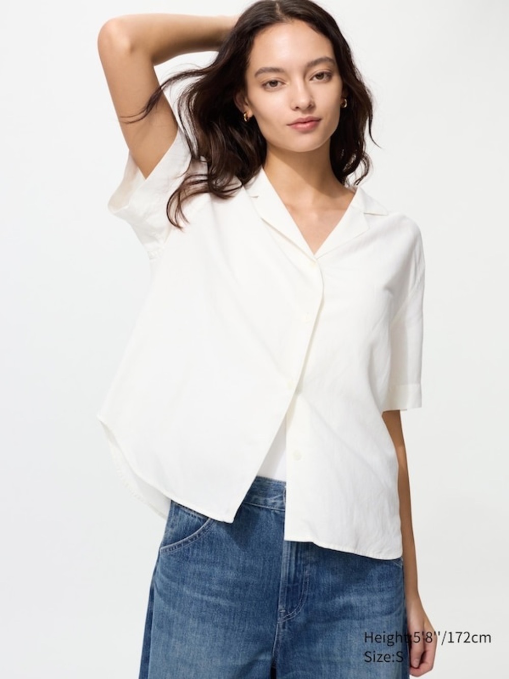 UNIQLO Linen Blend Open Collar Short Sleeve Shirt- Off White- Medium